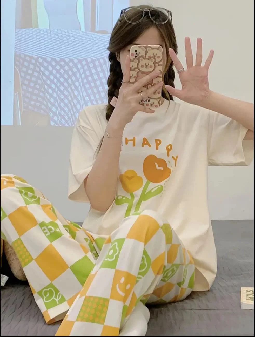 Women Butter Yellow Happy Vibes Night Suit