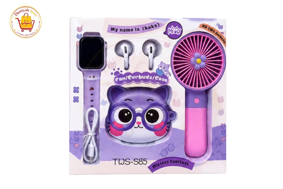 KAKA TWS-S85 Wireless Earbuds with Mini Hand Fan Gift Set — BT 5.4, Rechargeable Fan, Cute Pet Theme