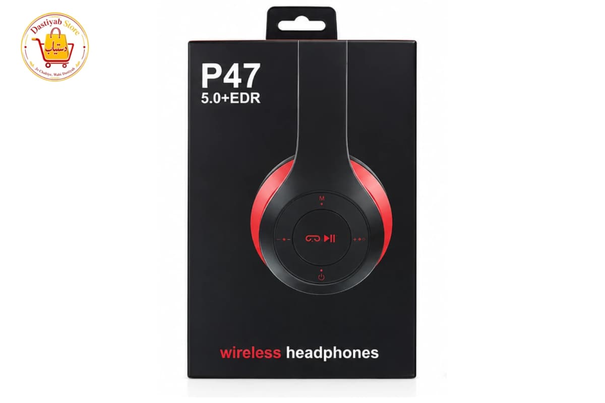 P47 Wireless Headphones — Bluetooth 5.0+EDR, 40mm Driver, Foldable Design, Deep Bass, Built-in Controls (Black/Red)