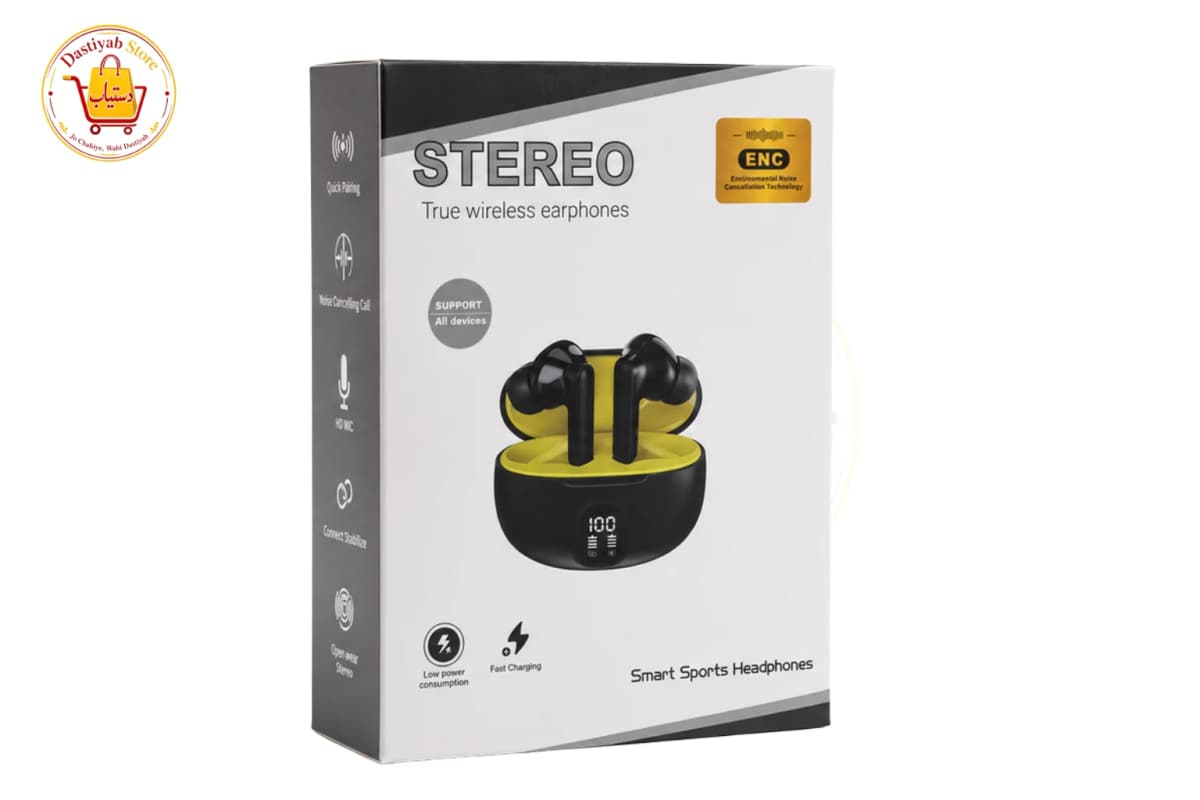 Stereo Sport TWS Earbuds — ENC Noise Cancelling Call, LED Digital Display, Touch Control, IPX4 Waterproof, BT 5.4 (Black/Yellow)