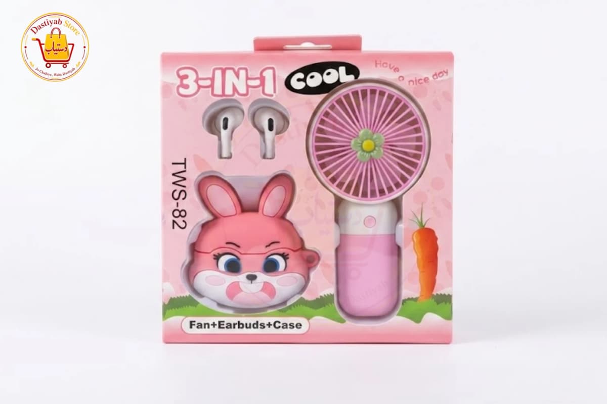 3-in-1 Wireless Earbuds Gift Set — Mini Fan, TWS Earbuds & Charging Case (Pink)